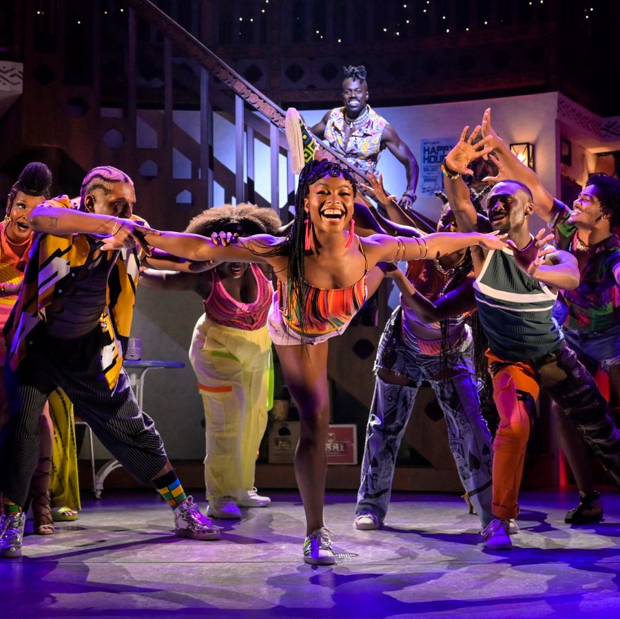 (center) Isio-Maya Nuwere; (l to r) Teshomech Olenja, Wade Watson, Awa Sal Secka, Quiantae Thomas, Zachary Downer, Aaron Nicholas Patterson, and (stairs) Rodrick Covington in Goddess.